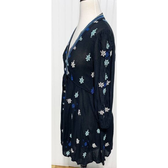 Free People Stargazer Mini Dress Embroidered V-Neck Tie Waist Black Blue Small - Picture 5 of 12